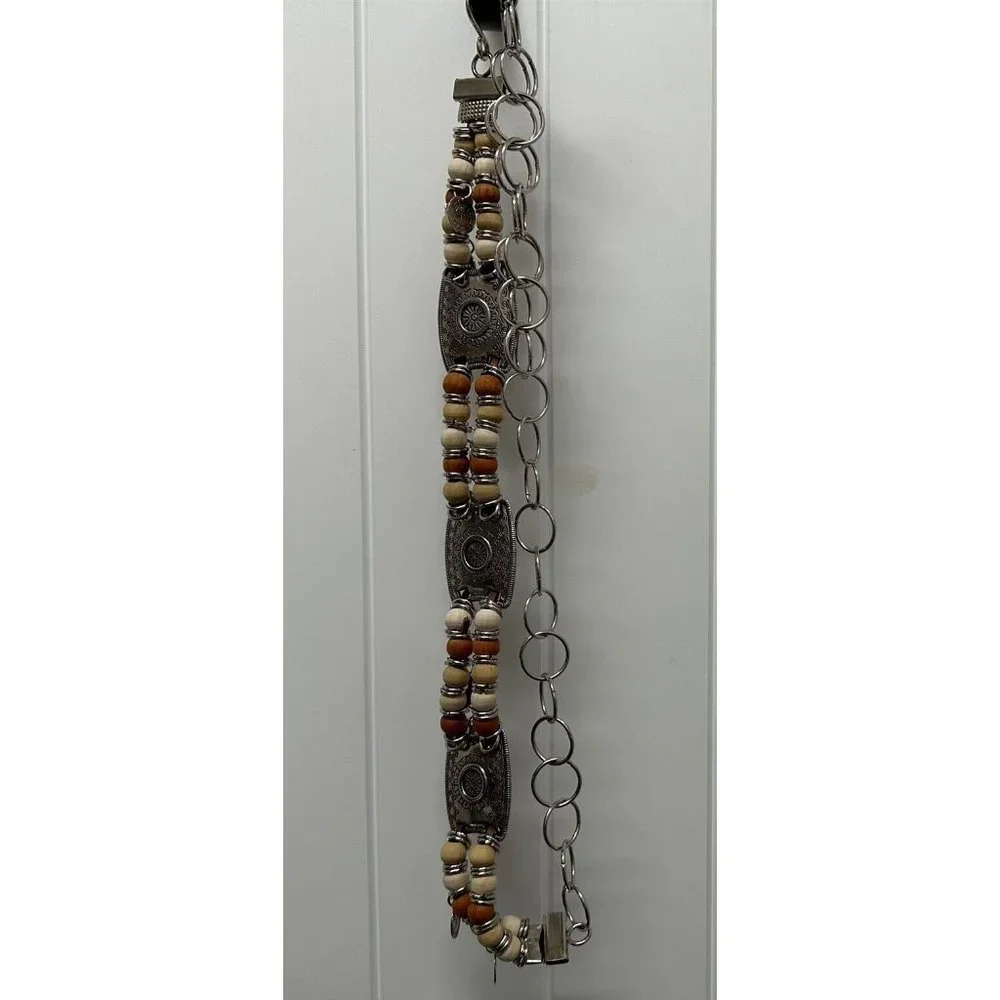 Chain Belt Western Style Beaded  Coins Silver Embossed Cowgirl